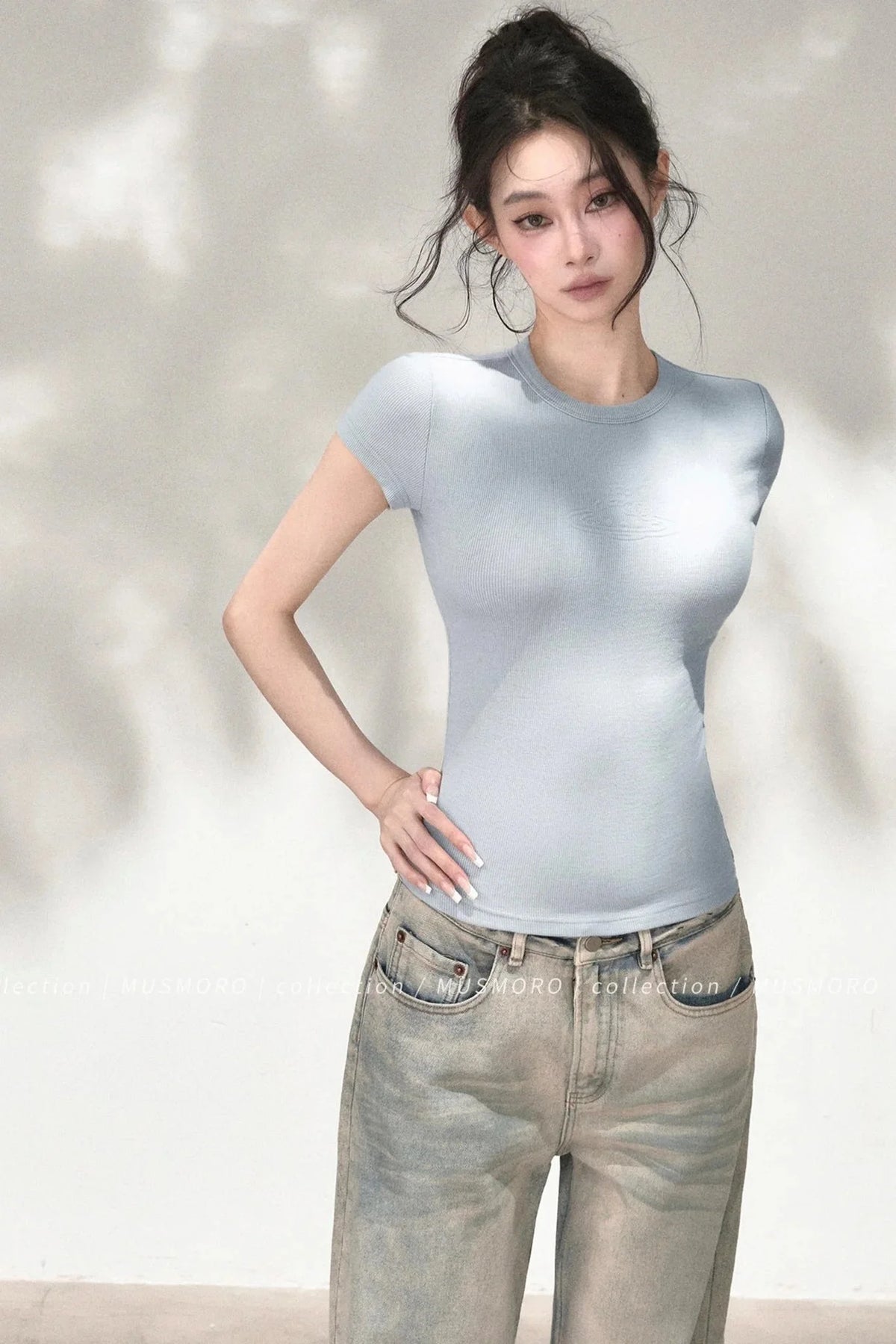 Embossed Cat Irregular Hem Bamboo Cotton T-Shirt