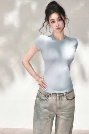 Embossed Cat Irregular Hem Bamboo Cotton T-Shirt