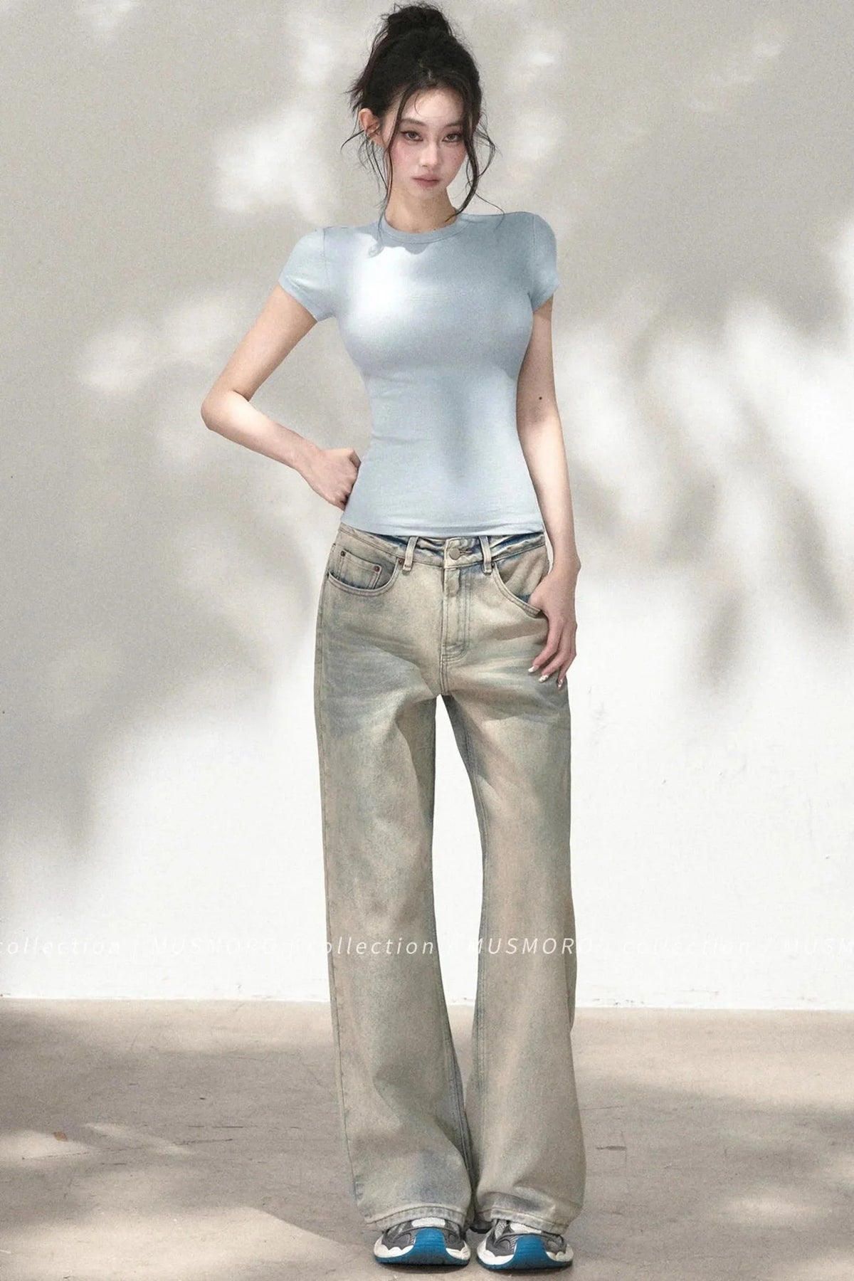 Embossed Cat Irregular Hem Bamboo Cotton T-Shirt