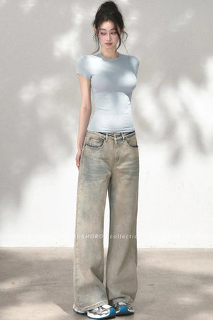 Embossed Cat Irregular Hem Bamboo Cotton T-Shirt