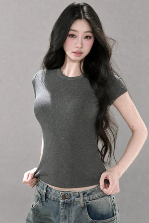 Embossed Cat Irregular Hem Bamboo Cotton T-Shirt
