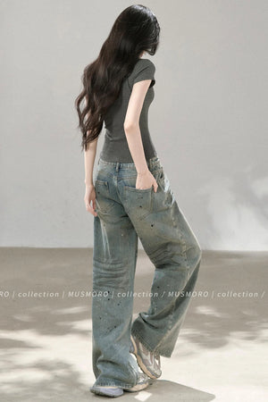Embossed Cat Irregular Hem Bamboo Cotton T-Shirt