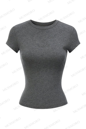 Embossed Cat Irregular Hem Bamboo Cotton T-Shirt