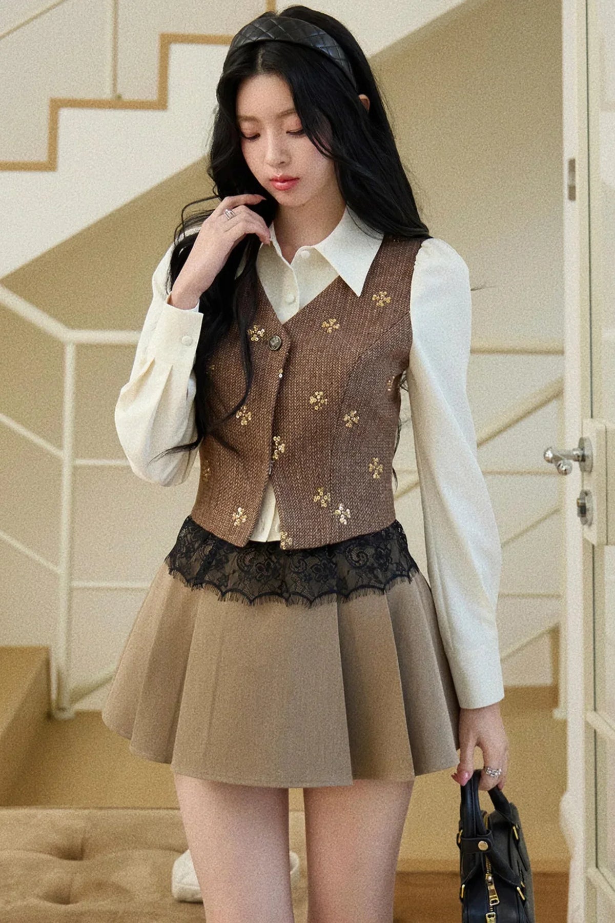 Embroidered Beaded Faux Two-Piece Shirt Set-Up