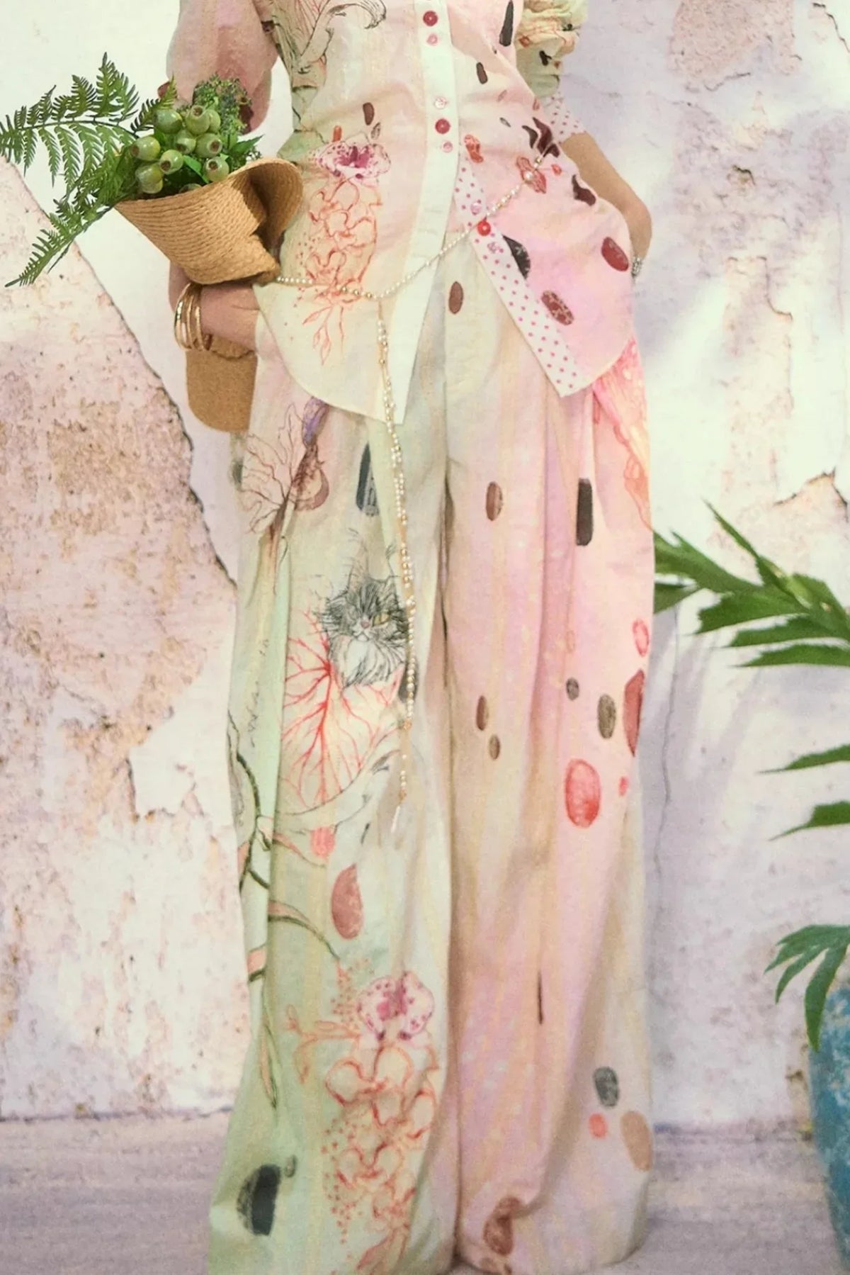 Embroidered Cat Print Wide Leg Pants