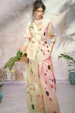Embroidered Cat Print Wide Leg Pants
