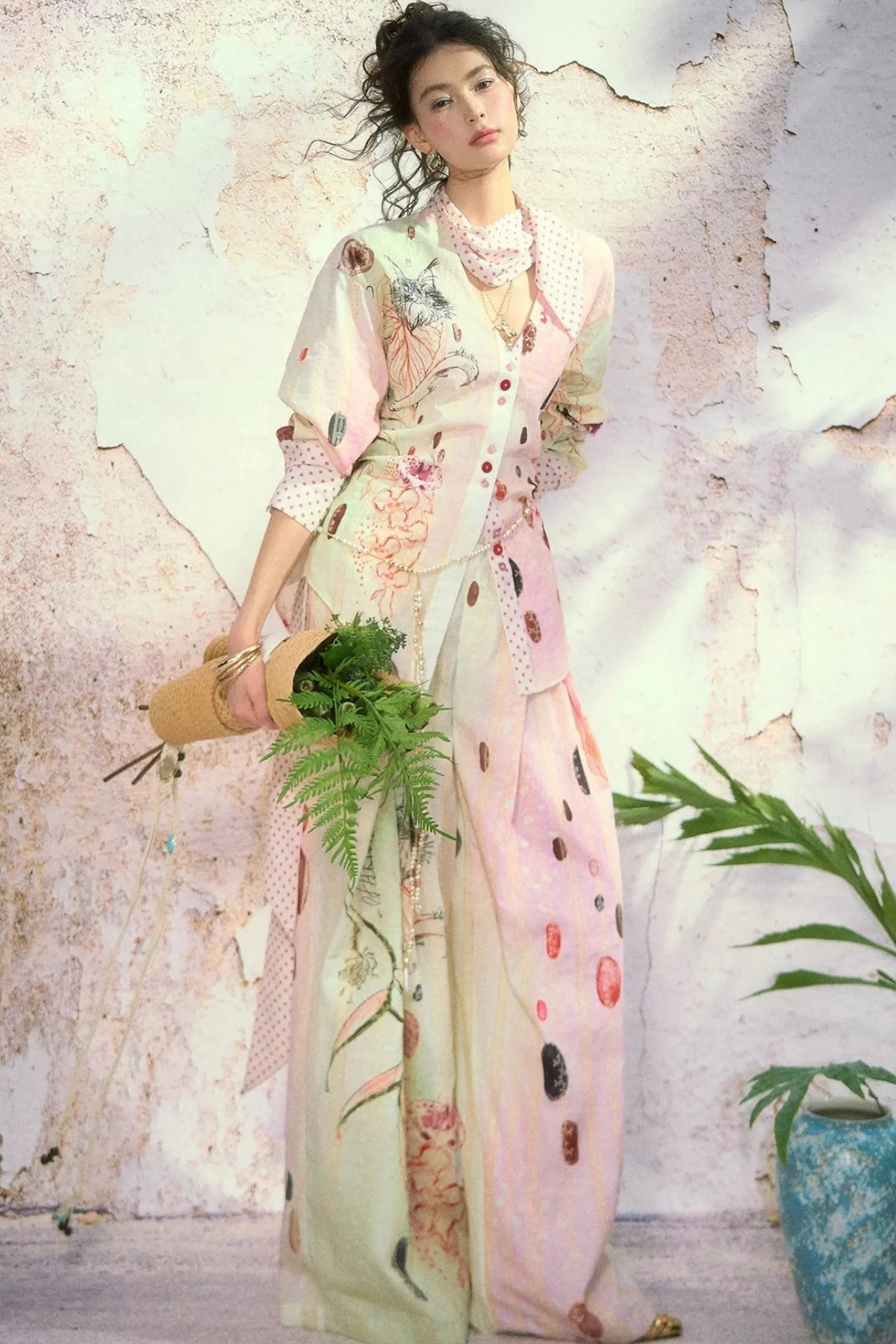 Embroidered Cat Print Wide Leg Pants
