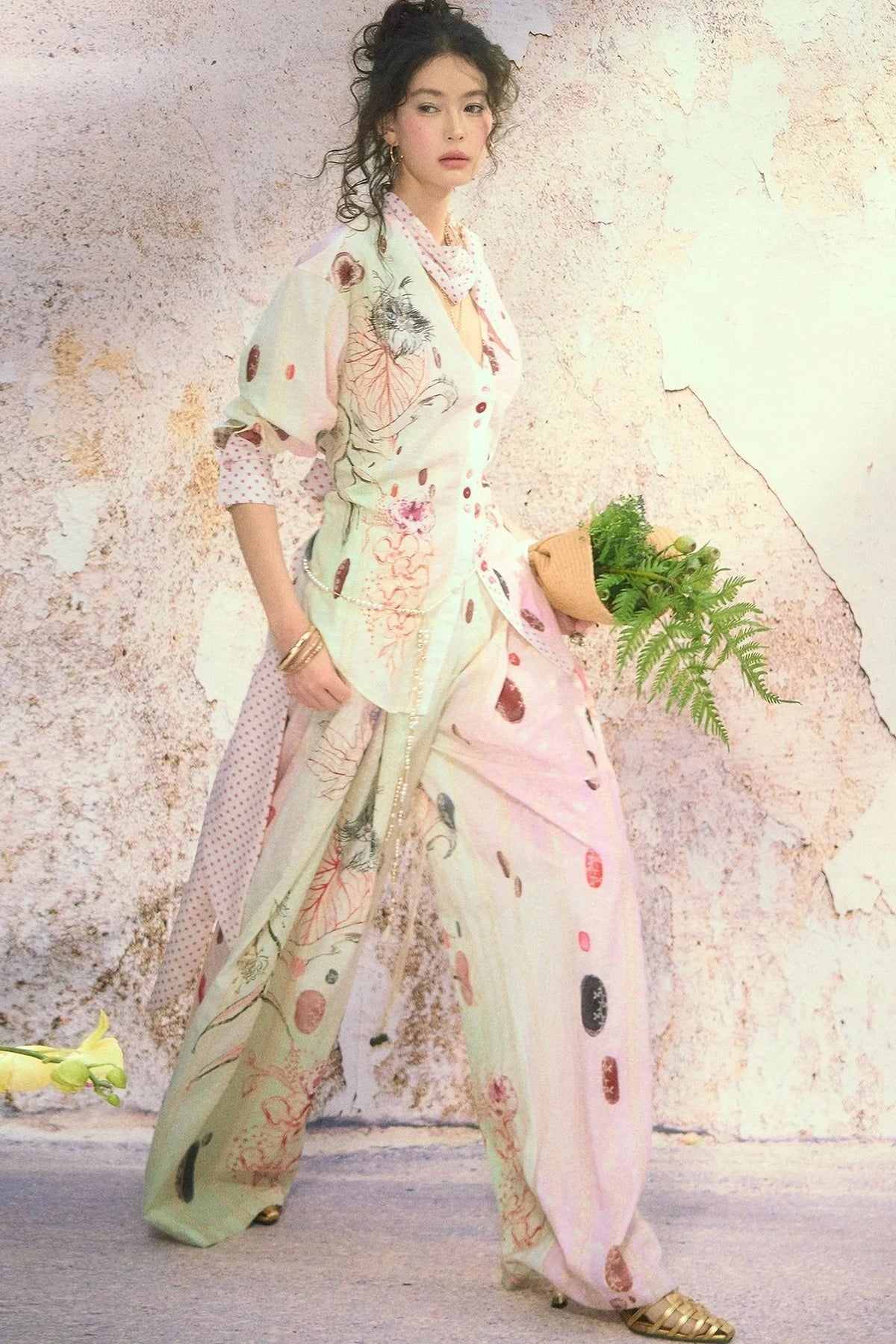 Embroidered Cat Print Wide Leg Pants