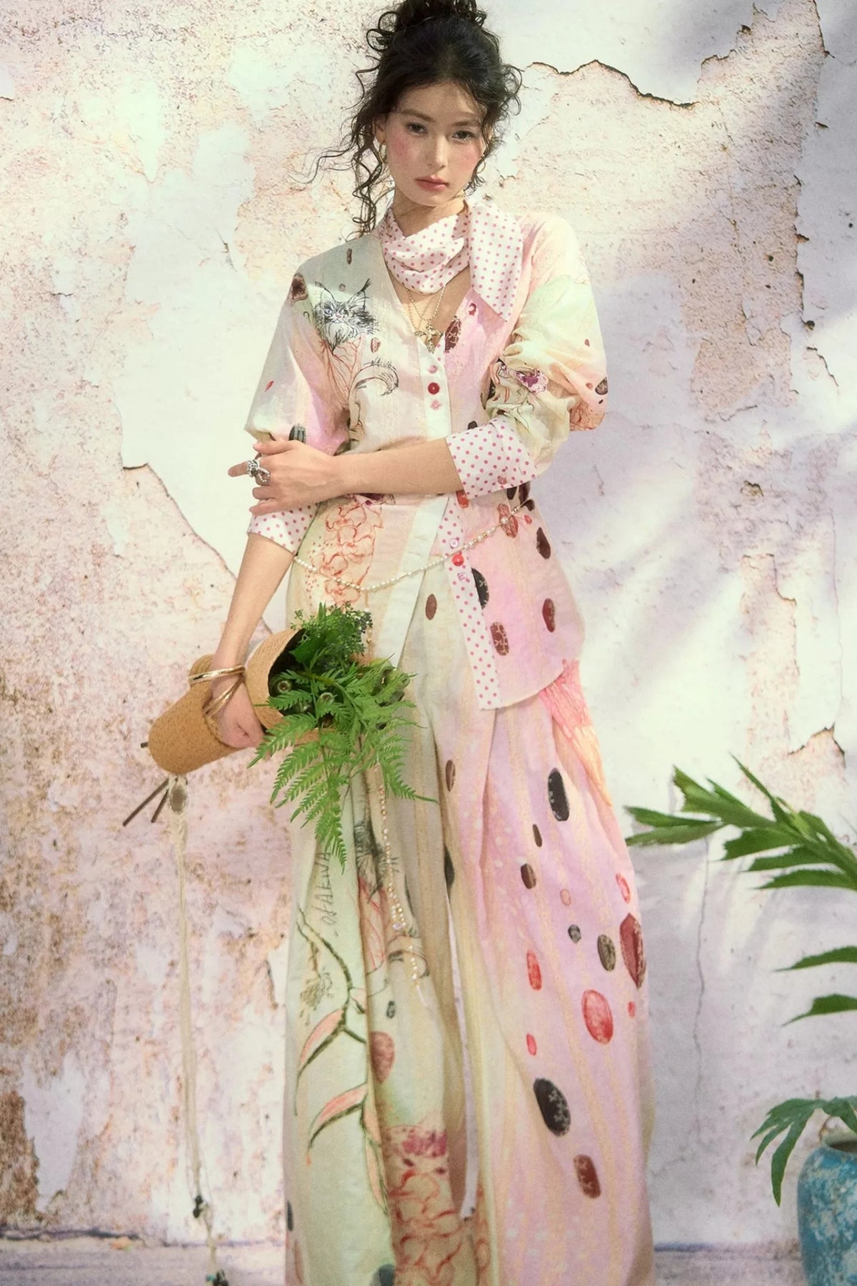 Embroidered Cat Print Wide Leg Pants