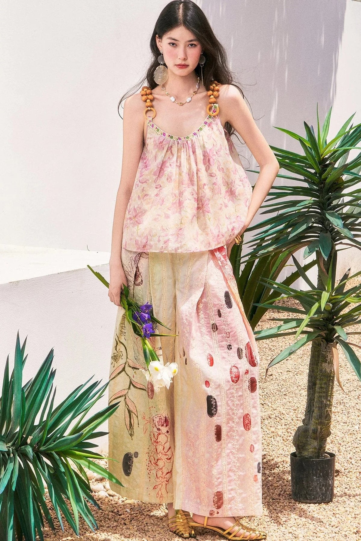 Embroidered Cat Print Wide Leg Pants