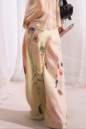 Embroidered Cat Print Wide Leg Pants