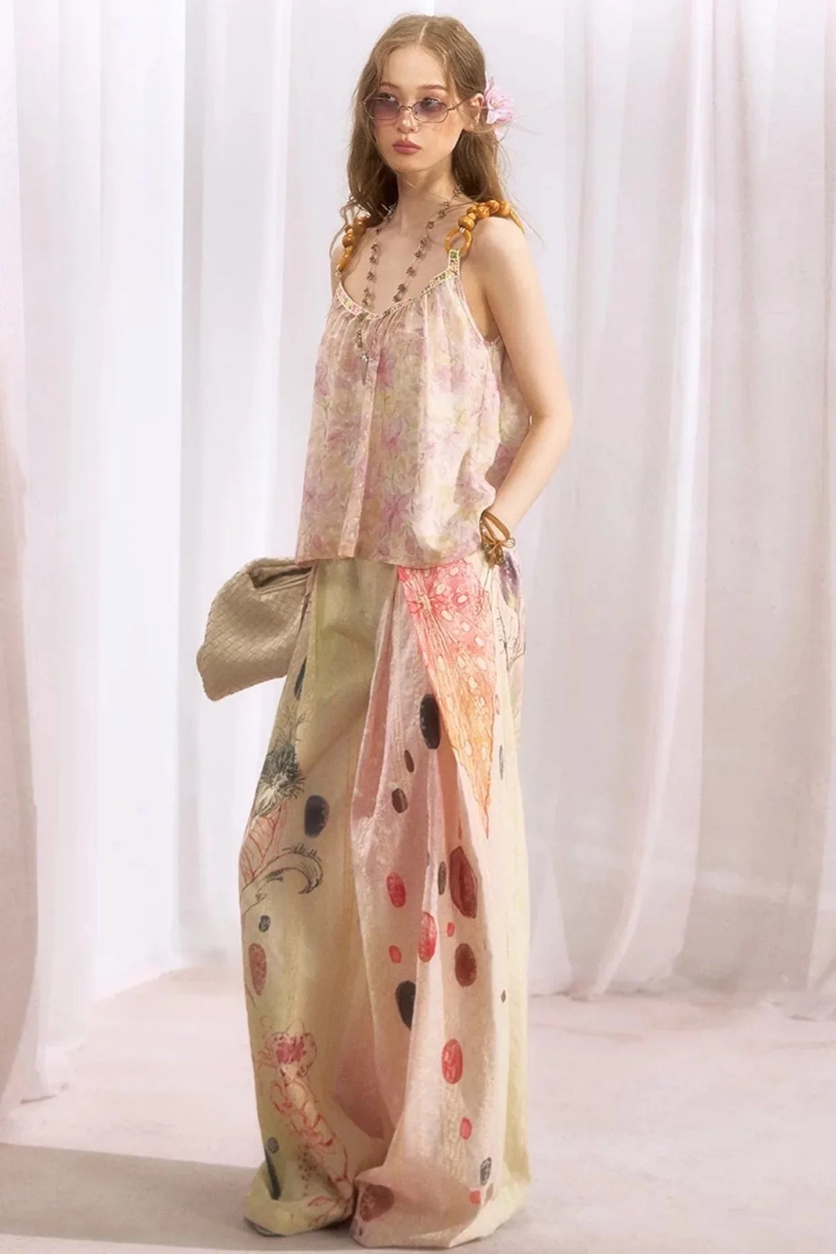 Embroidered Cat Print Wide Leg Pants