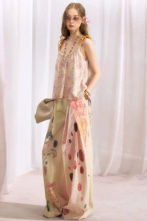 Embroidered Cat Print Wide Leg Pants