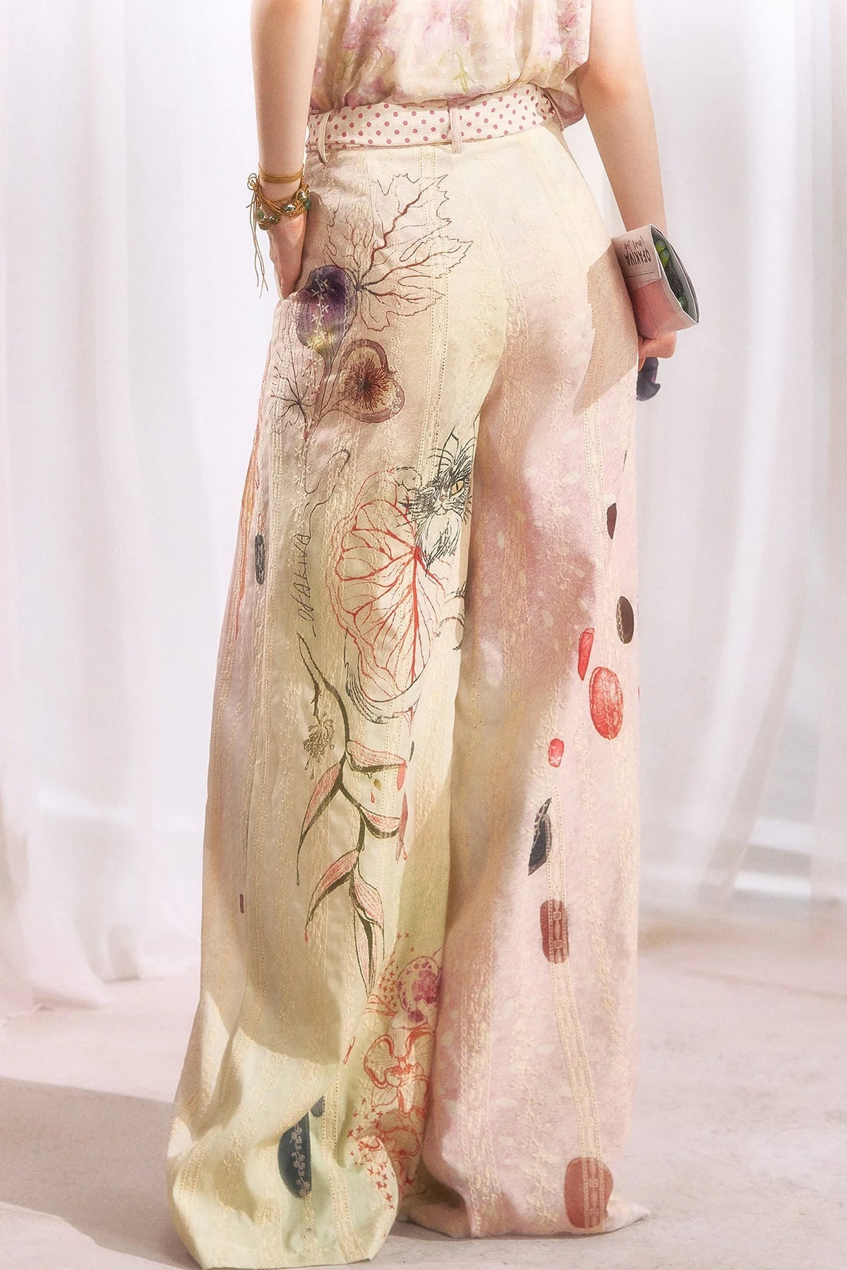 Embroidered Cat Print Wide Leg Pants