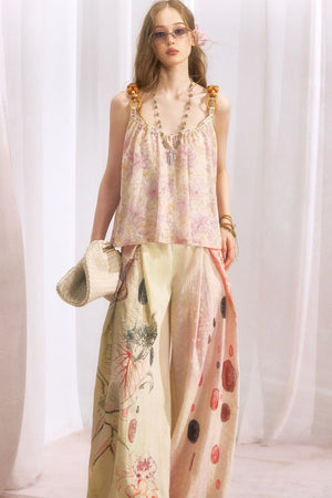 Embroidered Cat Print Wide Leg Pants