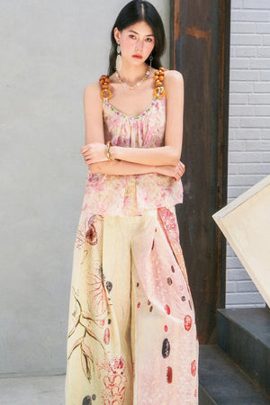 Embroidered Cat Print Wide Leg Pants