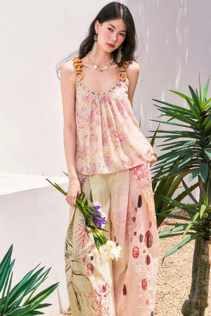 Embroidered Cat Print Wide Leg Pants