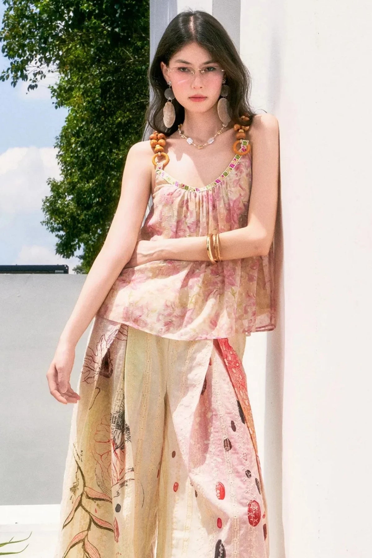 Embroidered Cat Print Wide Leg Pants