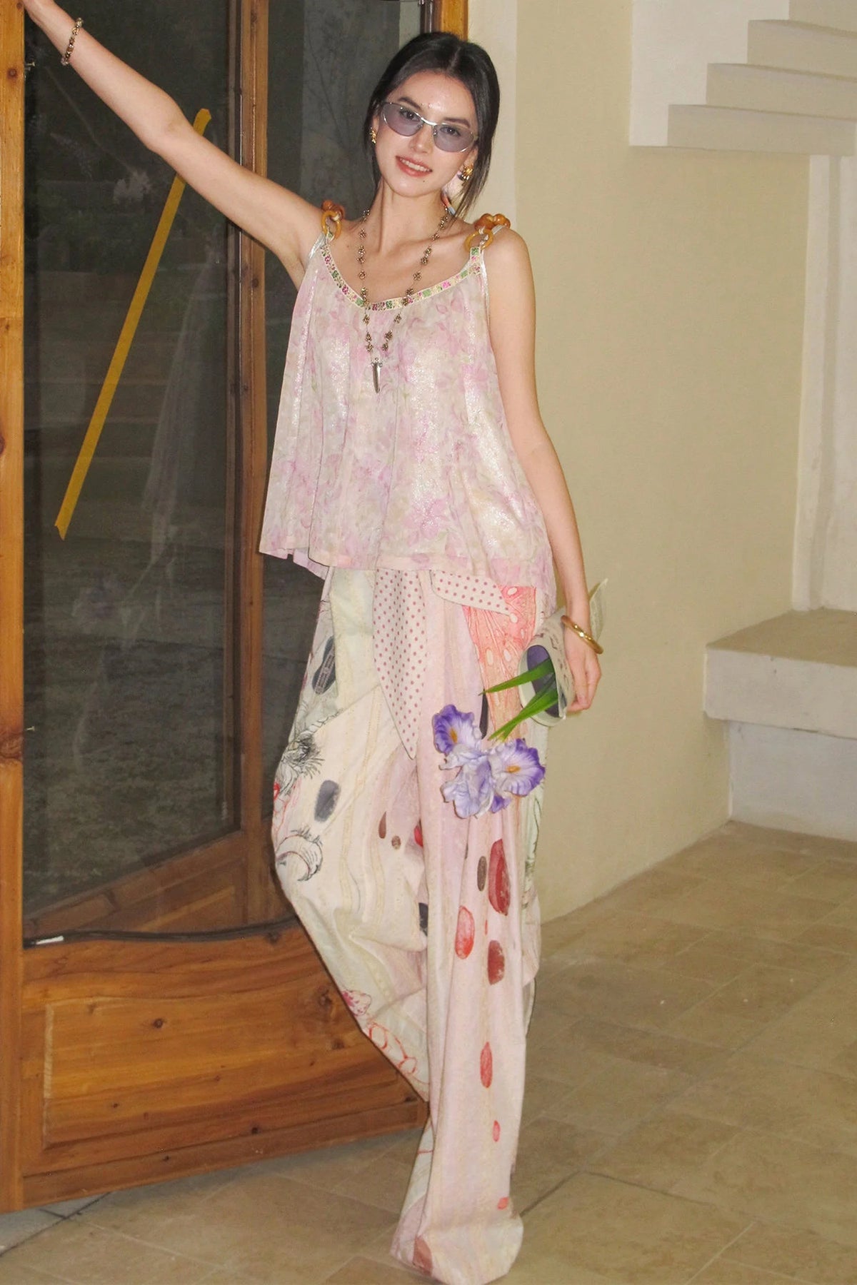 Embroidered Cat Print Wide Leg Pants