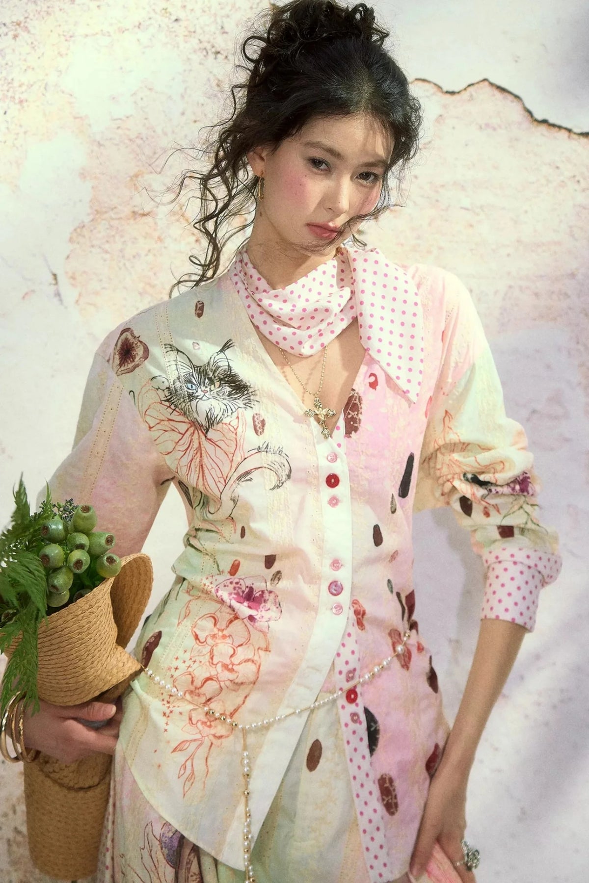 Embroidered Cat Print Wide Leg Pants
