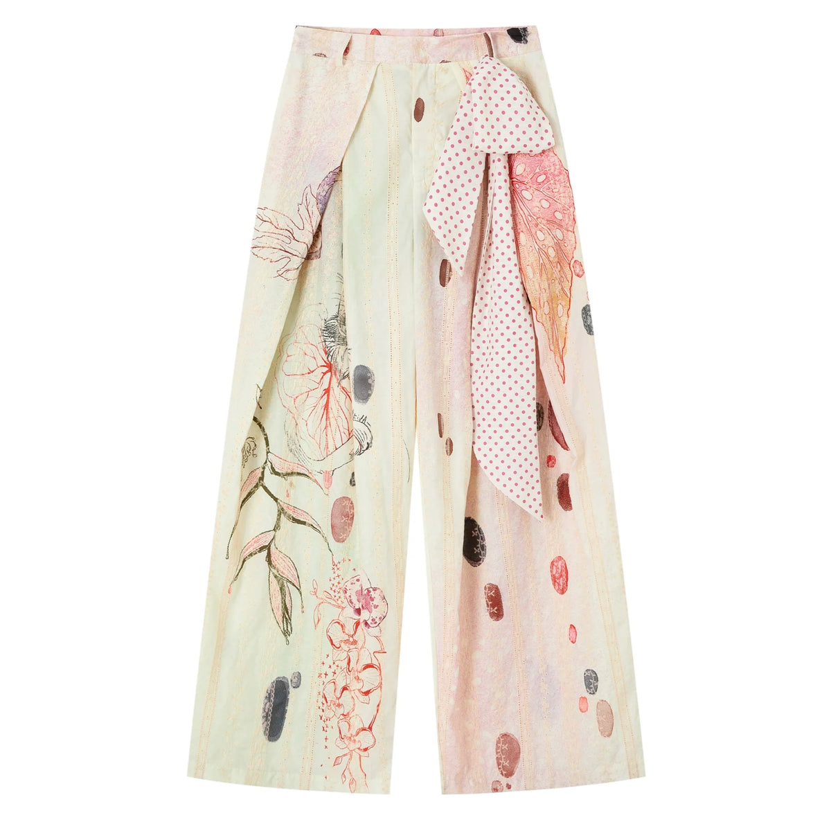 Embroidered Cat Print Wide Leg Pants