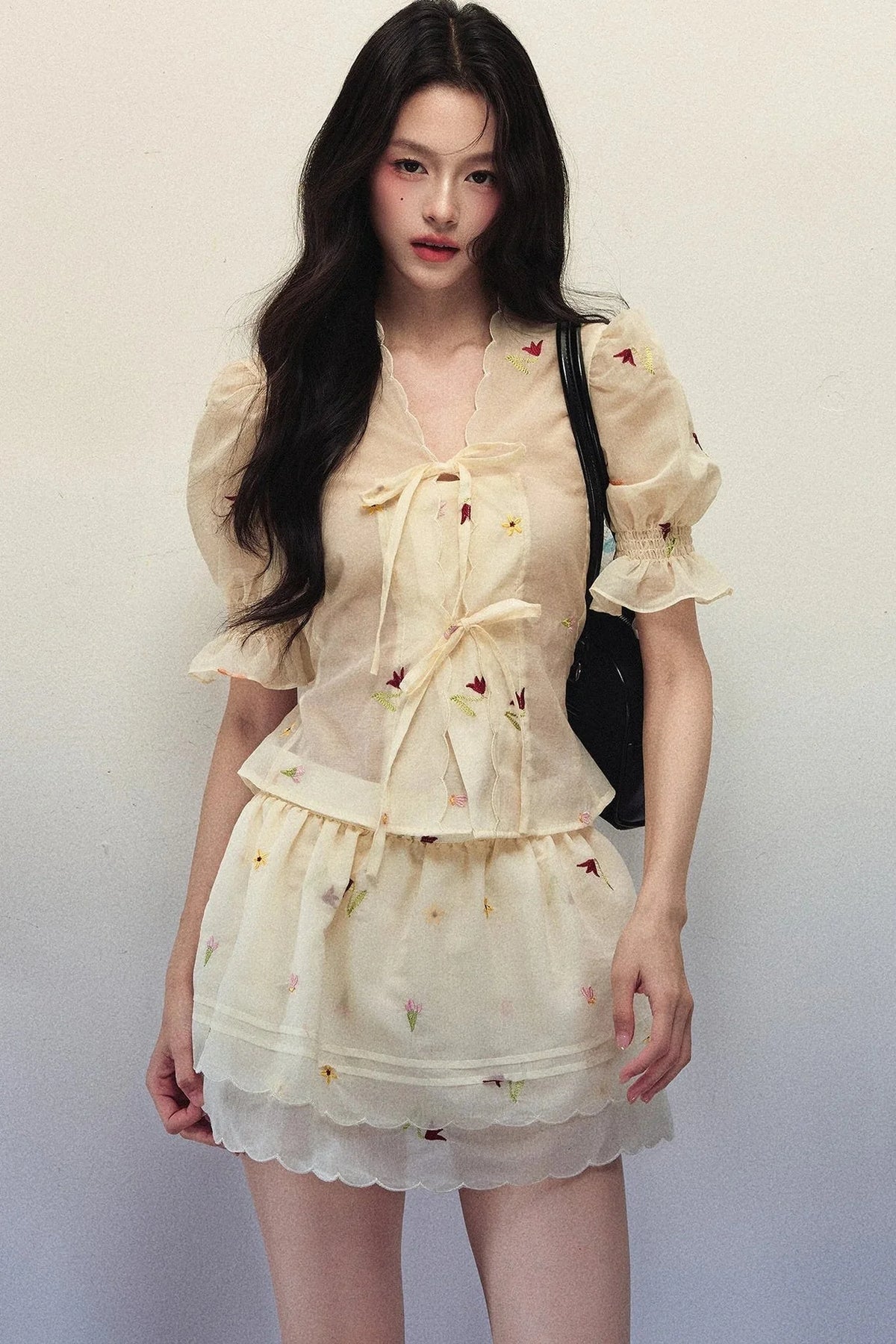 Embroidered Chiffon Top and Double-Layered Hem Skirt Set