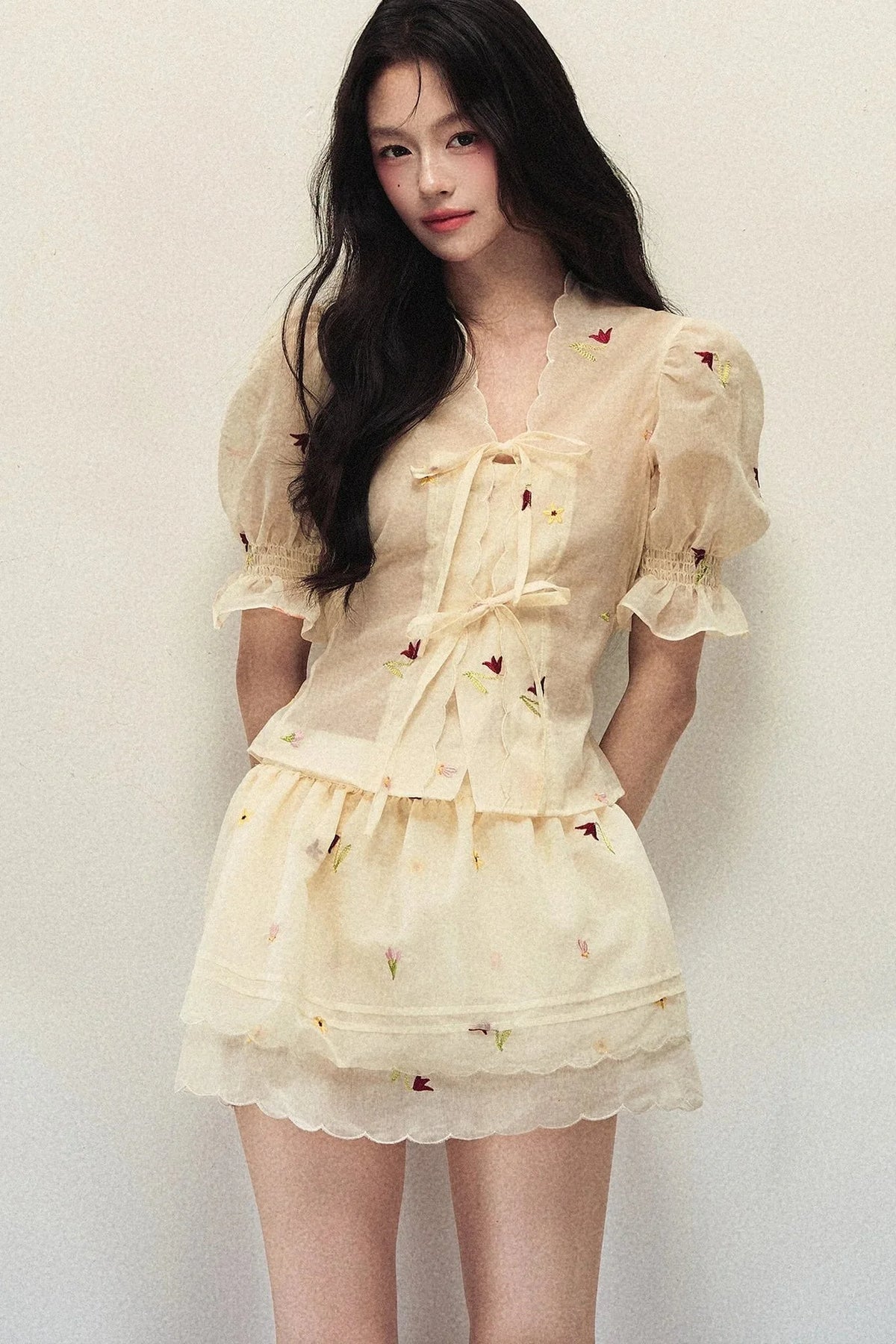 Embroidered Chiffon Top and Double-Layered Hem Skirt Set