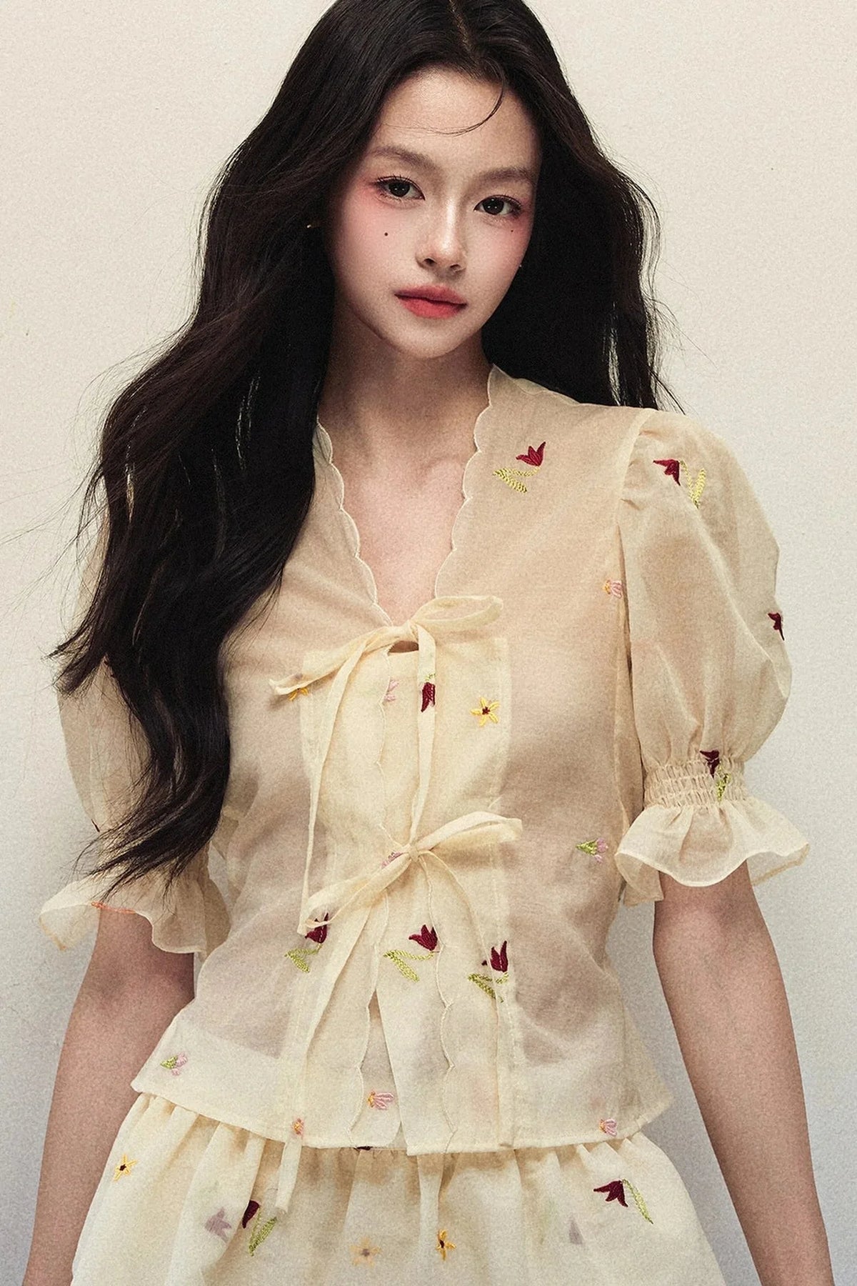 Embroidered Chiffon Top and Double-Layered Hem Skirt Set