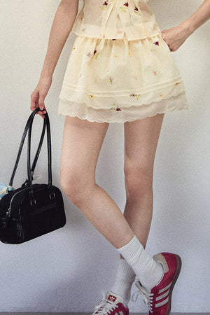 Embroidered Chiffon Top and Double-Layered Hem Skirt Set