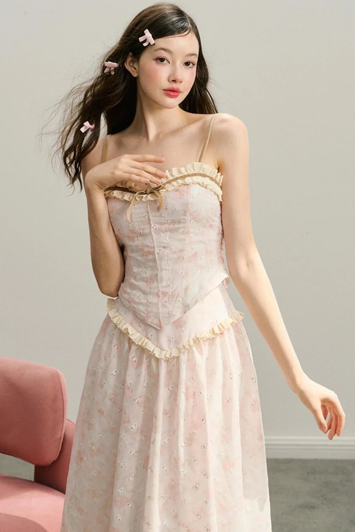 Embroidered Cut-Out Lace Top & Skirt Set-Up