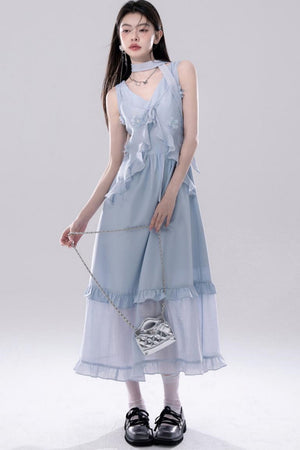 Embroidered Floral Cardigan Vest Dress Set