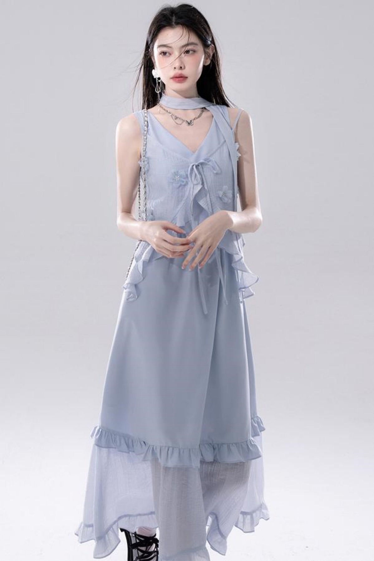 Embroidered Floral Cardigan Vest Dress Set