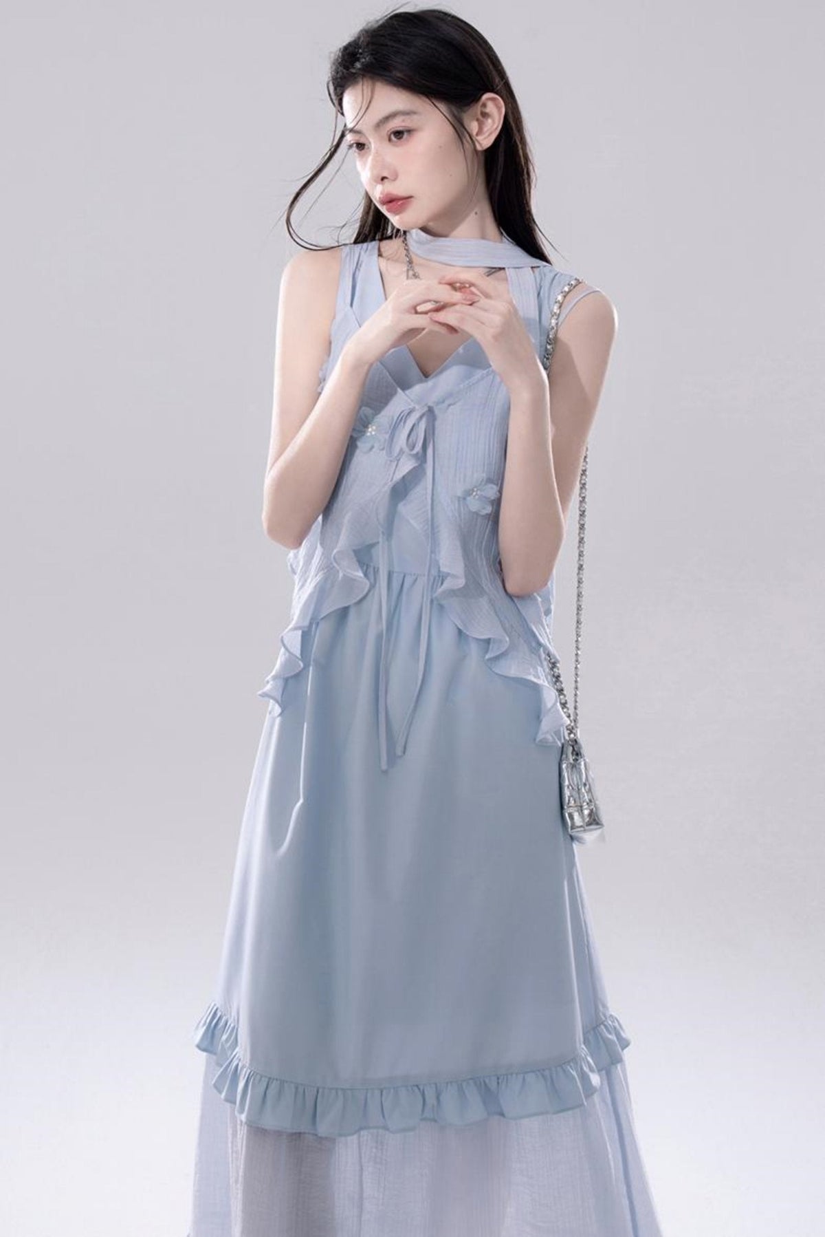 Embroidered Floral Cardigan Vest Dress Set