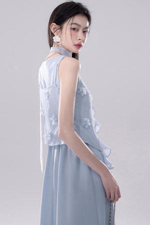 Embroidered Floral Cardigan Vest Dress Set
