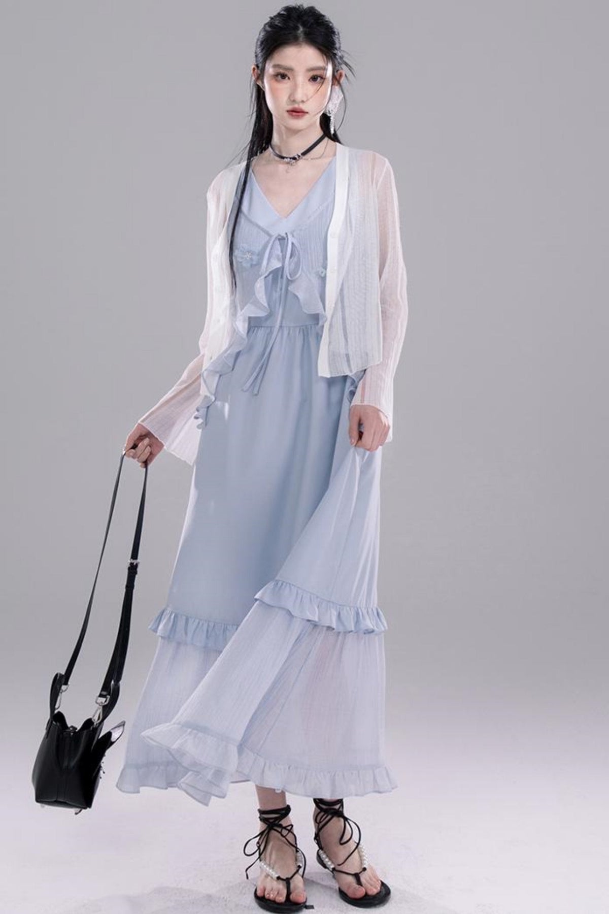 Embroidered Floral Cardigan Vest Dress Set