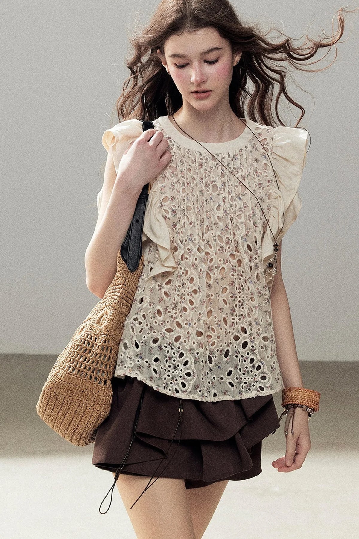 Embroidered Floral Flying Sleeve Top