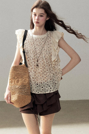 Embroidered Floral Flying Sleeve Top