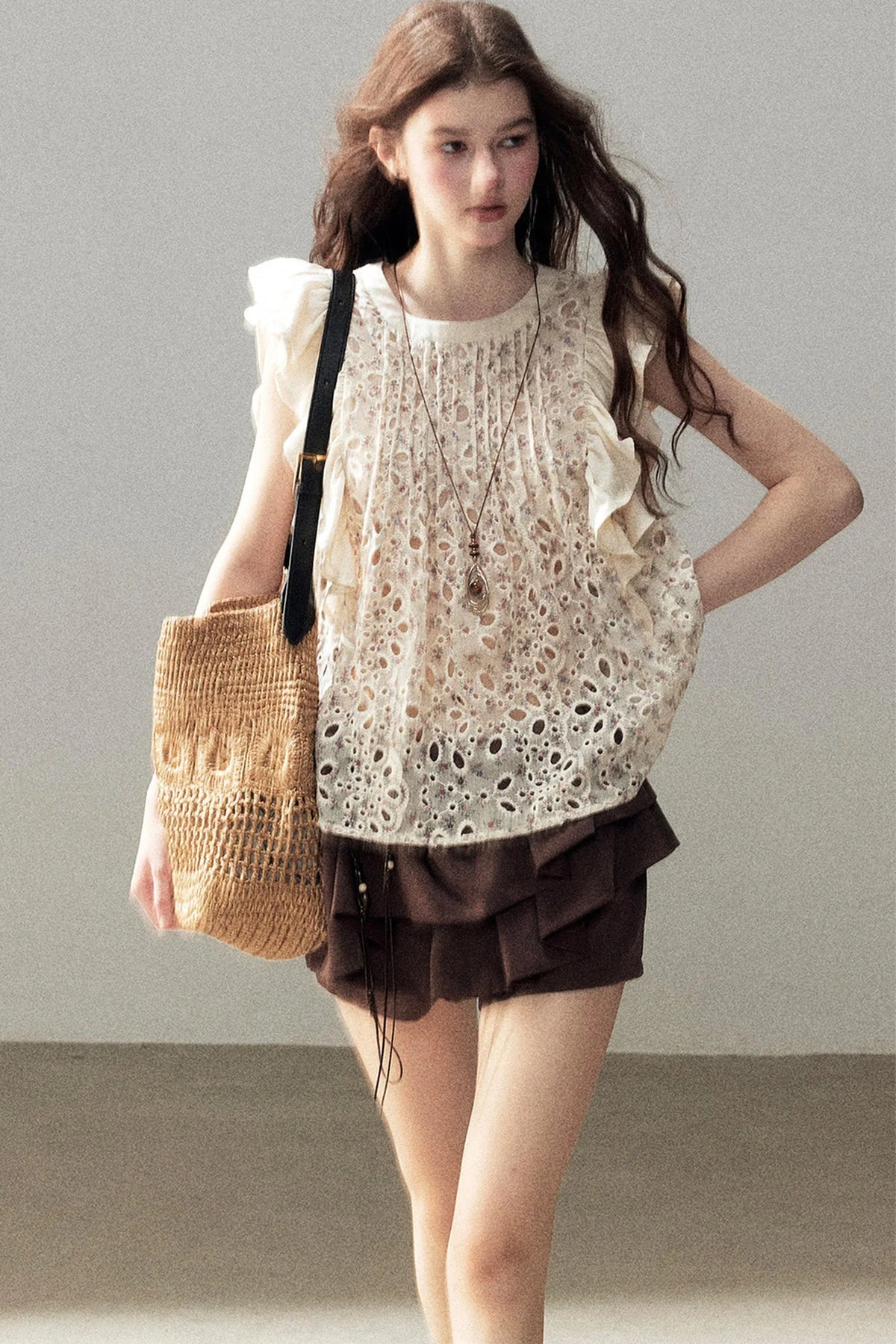 Embroidered Floral Flying Sleeve Top