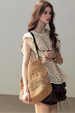 Embroidered Floral Flying Sleeve Top