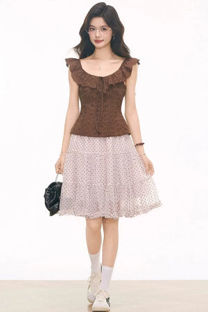 Embroidered Hollow Top & Polka Skirt Set-Up
