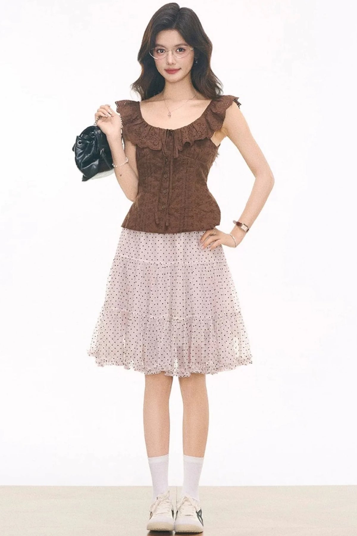 Embroidered Hollow Top & Polka Skirt Set-Up