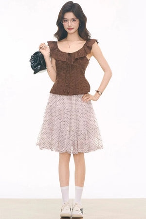 Embroidered Hollow Top & Polka Skirt Set-Up