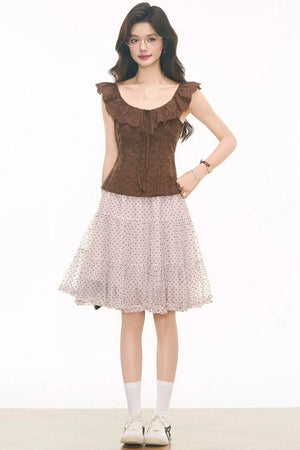 Embroidered Hollow Top & Polka Skirt Set-Up