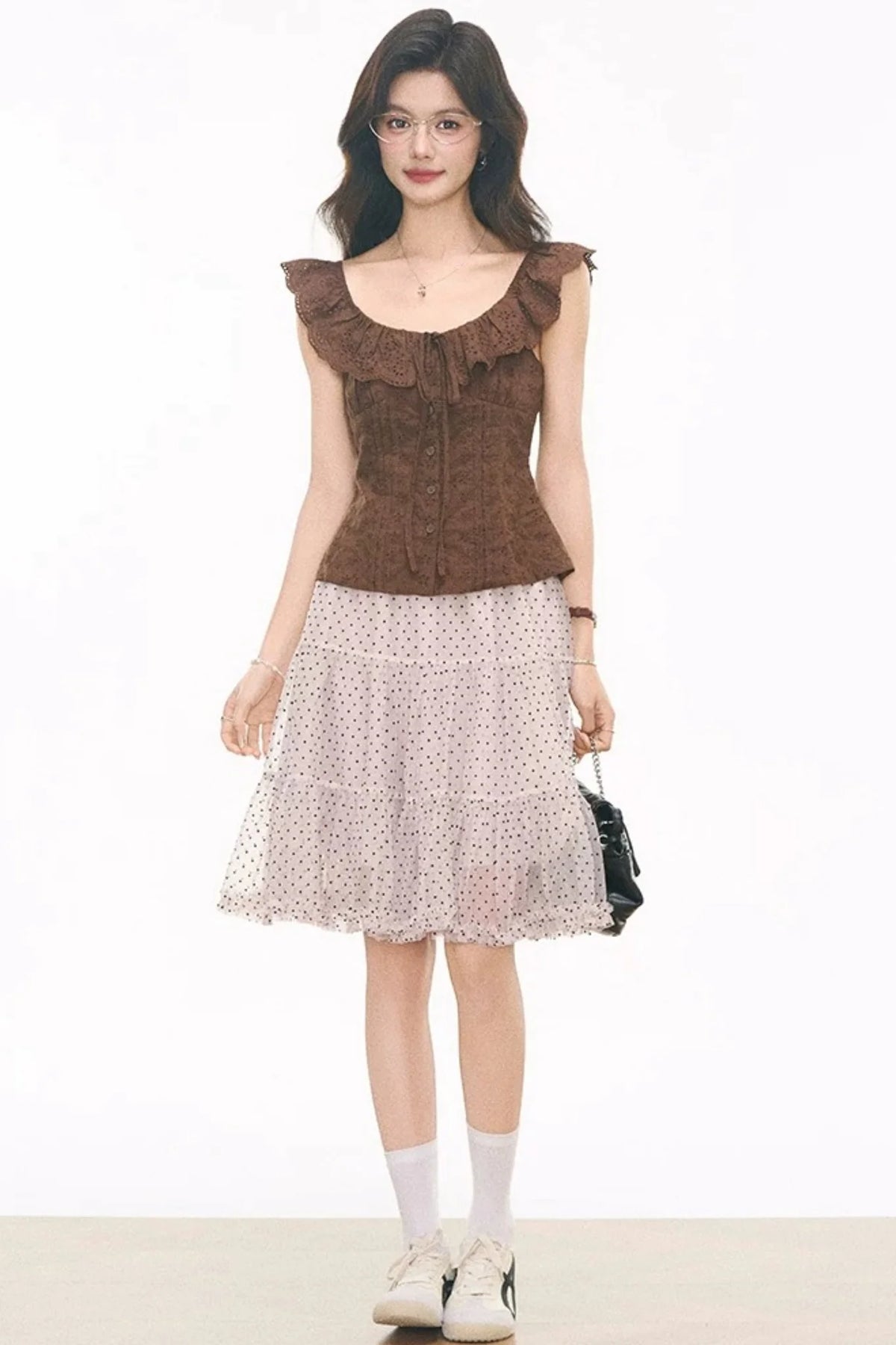 Embroidered Hollow Top & Polka Skirt Set-Up
