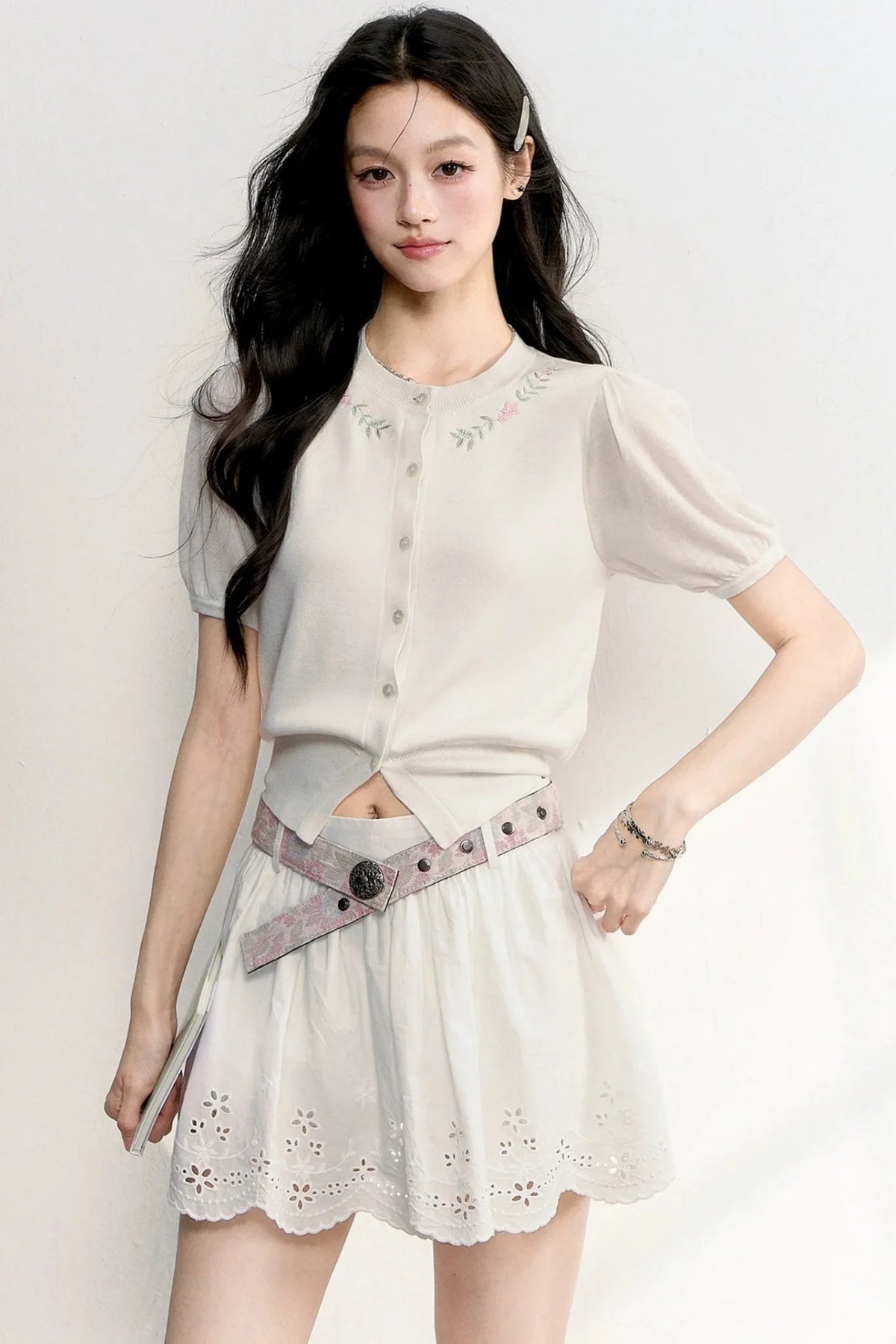 Embroidered Knit Cardigan Set-Up