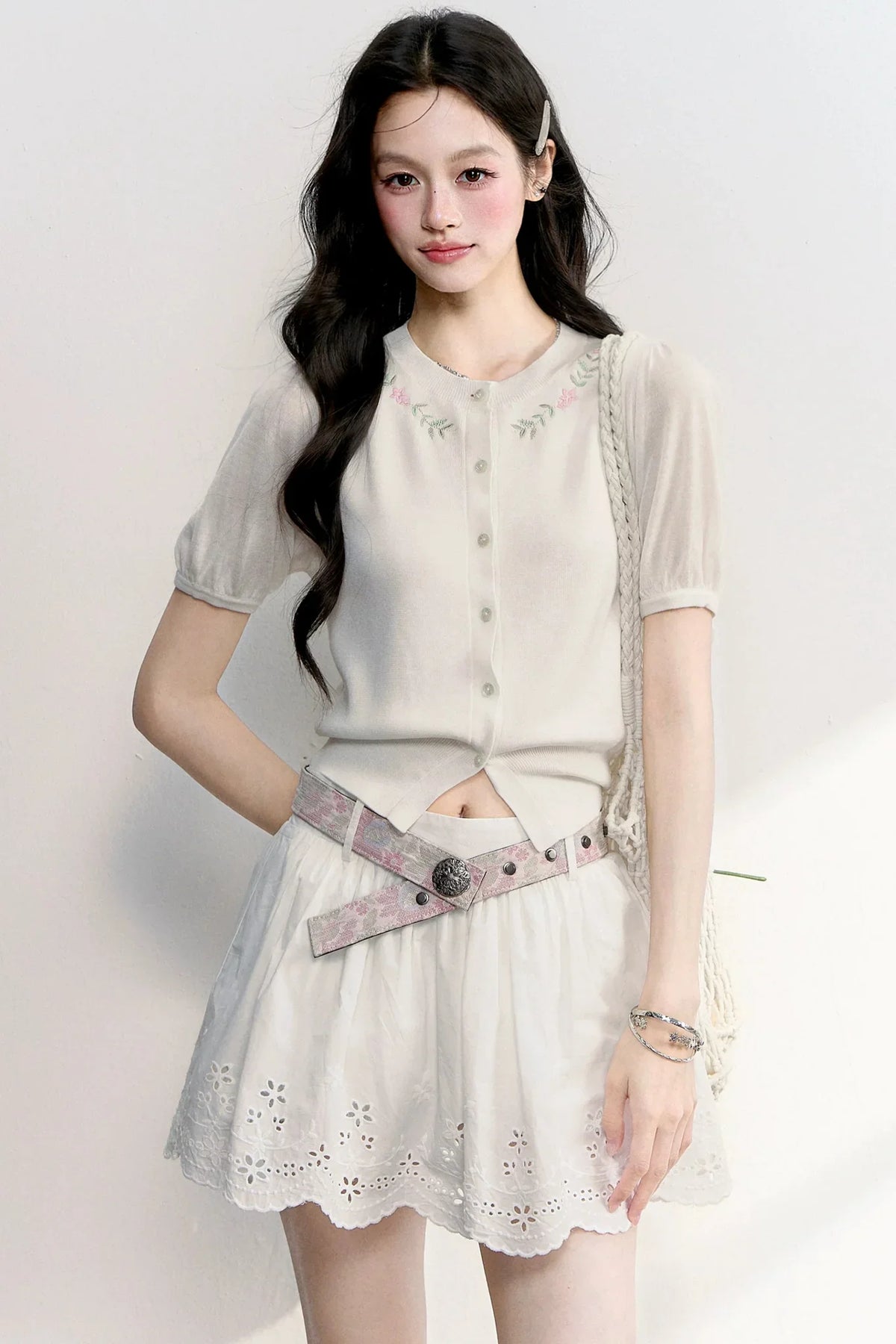 Embroidered Knit Cardigan Set-Up
