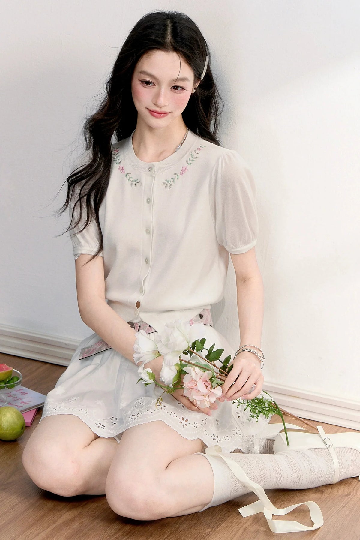 Embroidered Knit Cardigan Set-Up