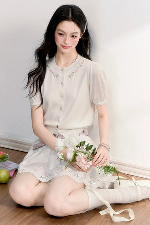 Embroidered Knit Cardigan Set-Up