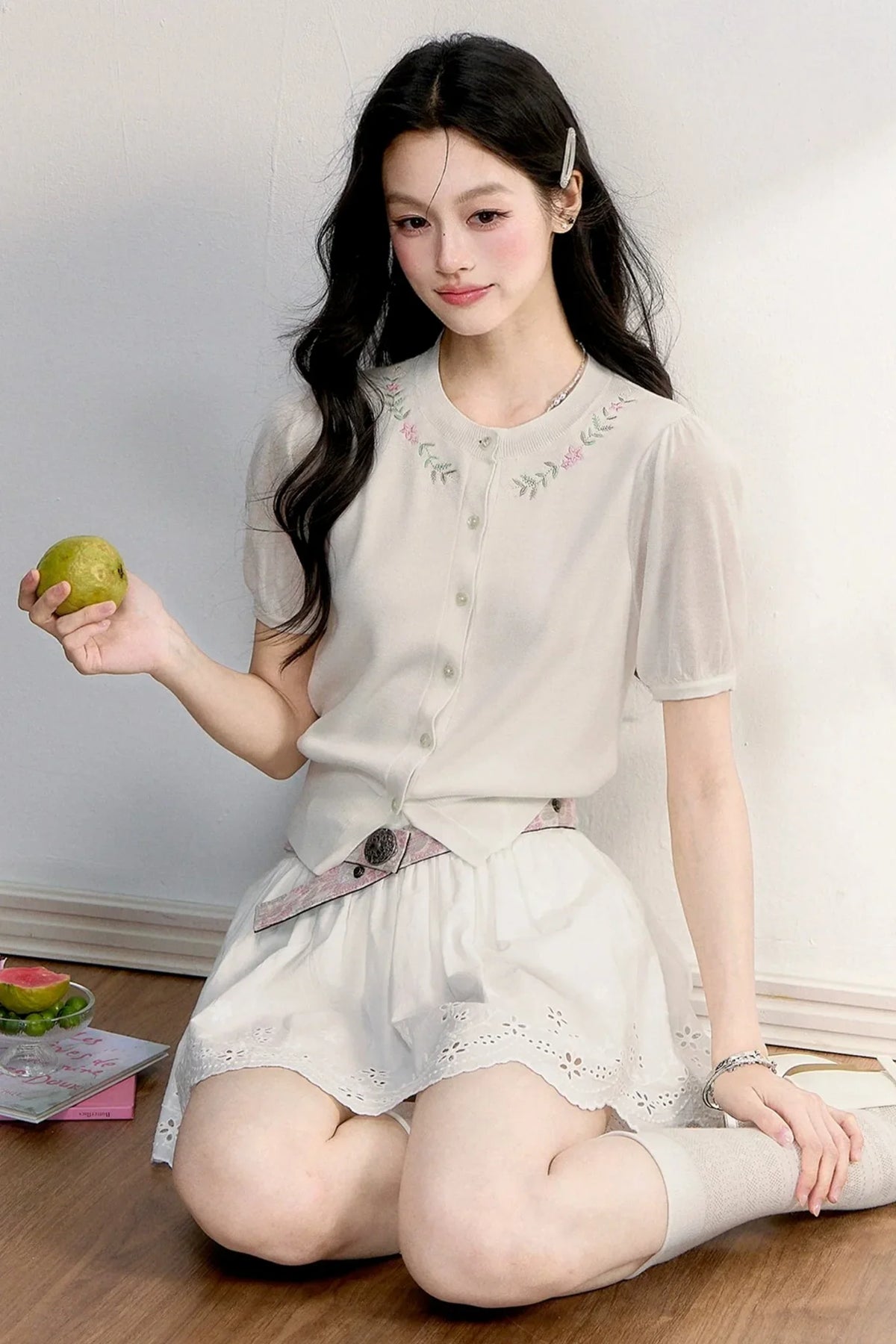 Embroidered Knit Cardigan Set-Up
