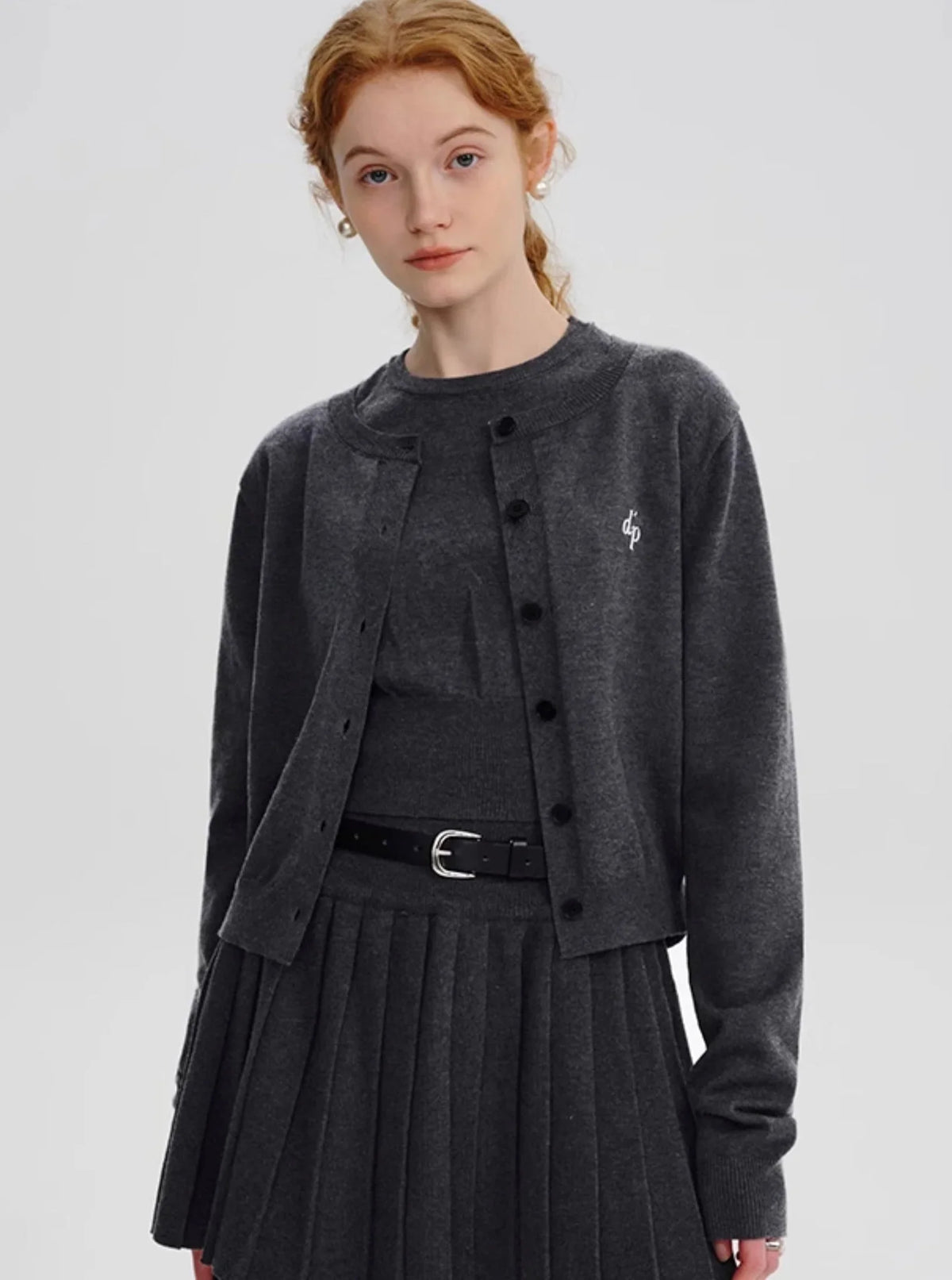 Embroidered Knitted Cardigan Pleated Skirt Set